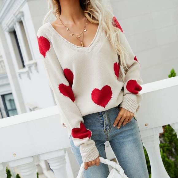 Boho Red Hearts Knit Oversized Sweater Top - Picture 3 of 5